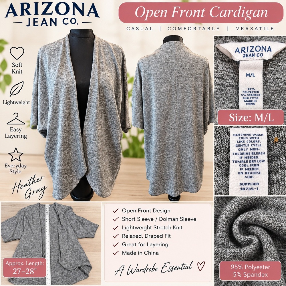 Arizona Jean Co Heather Gray Open Front Cardigan Short Dolman Sleeve M/L
